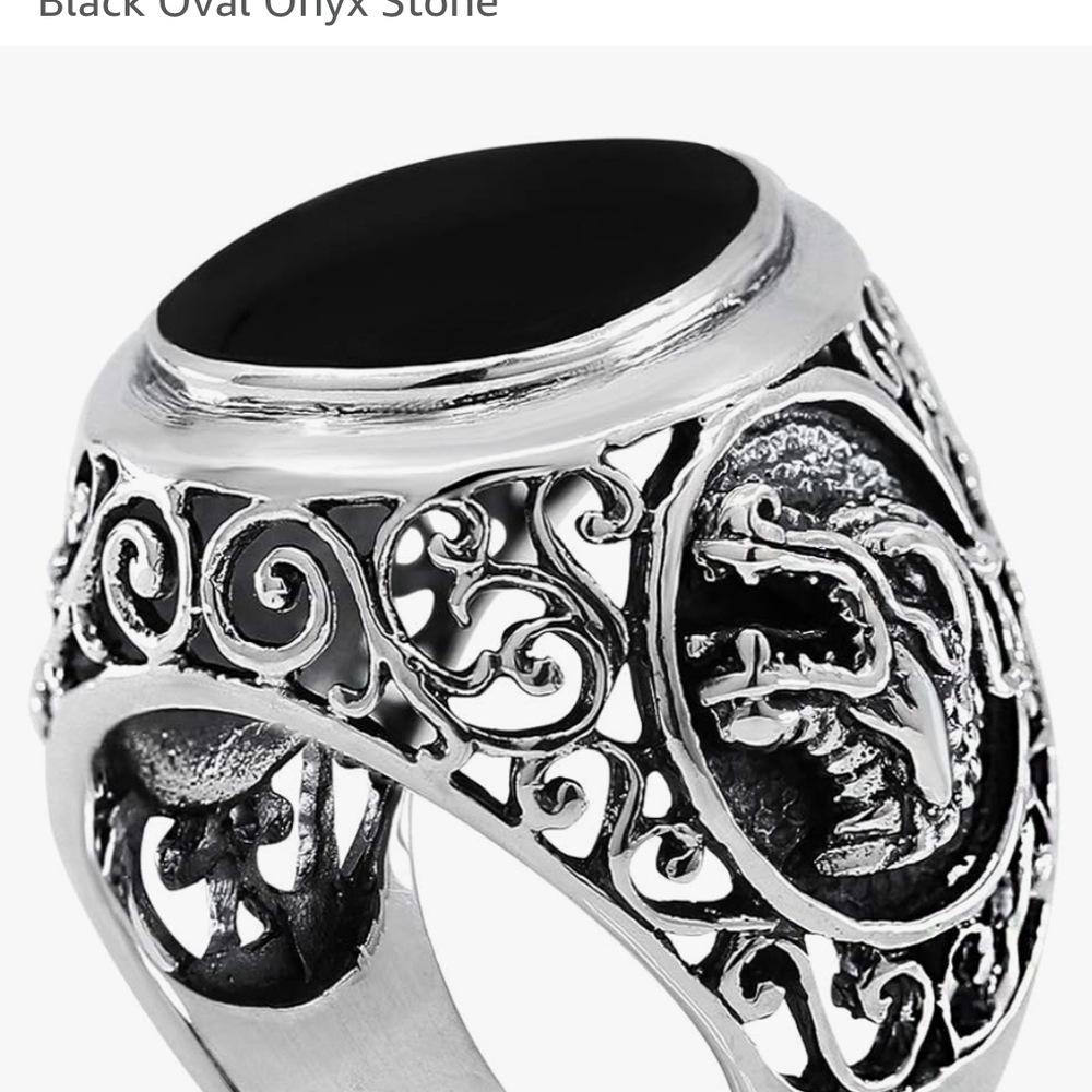 Black Onyx Silver Jewelry Ring with Intricate Scrollwork
